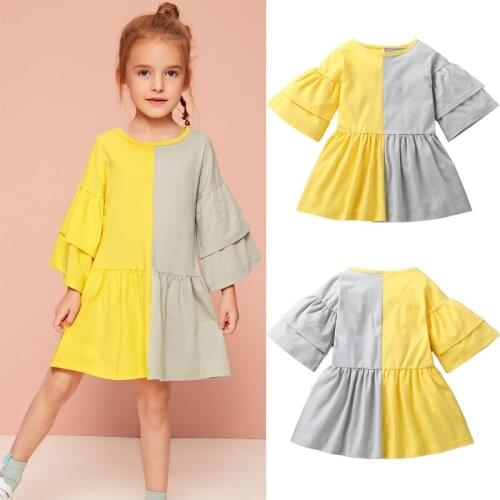 Summer Girls Cotton Long Sleeve Dress Baby Kids Yellow Gray Stitching Clothing Elegant Brithday Party Dresses Vestidos Clothes