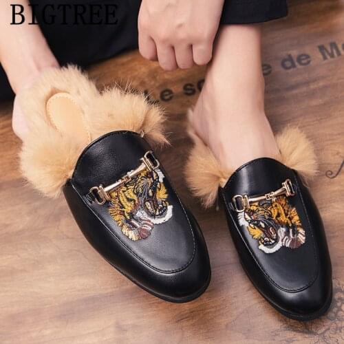 Men Slippers Fur Mules Black Patent Leather Shoes Men Half Shoes For Men Designer Shoes Men Slides Zapatillas Hombre Casual