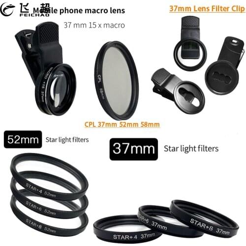Macro 15X 20X Camera Lens Filter Set 37mm for Mobile Phone Clip 52mm 58mm for SLR Camera 4x 6x 8x UV Star Line CPL Optical Glass