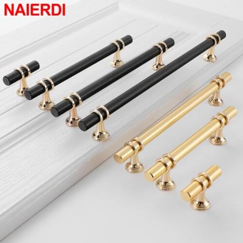 NAIERDI Modern Zinc Alloy Black Cabinet Handles Gold Solid Door Pulls Fashion Furniture Handle Drawer Knobs Wardrobe Hardware