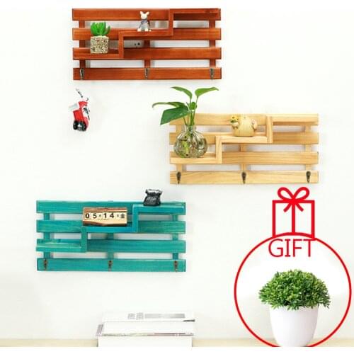 Solid Wood Wooden Wall Mounted Vintage Retro Rack 3 Hanger Hooks Floating Storage Shelf Display Rack Home Decor