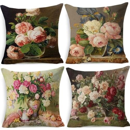Vintage Style Oil Painting Flowers Printed Cushion Cover Nordic Birds Vase Art Home Decorative Sofa Car Chair Throw Pillow Case