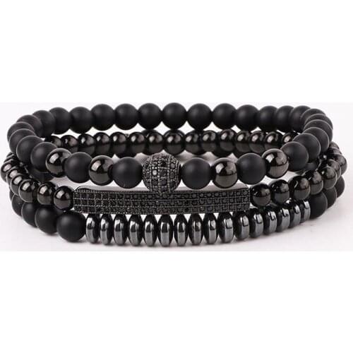 New Fashion Natural Stone Matte Onyx CZ Pave Ball Charm Beads Elastic Bracelet Set For Men
