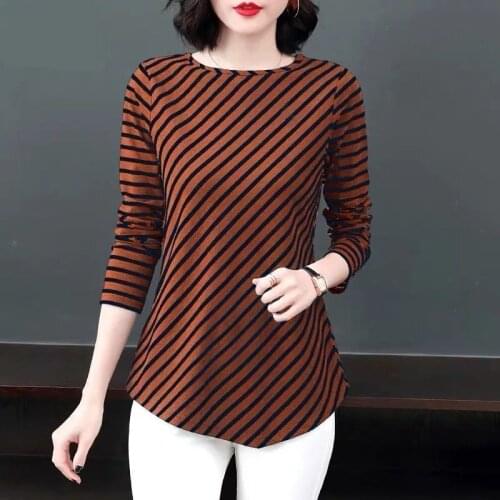 New Womens Spring Autumn Style Blouses Shirts Womens Cotton Long Sleeve Striped O-Neck Casual Slim Blouses Shirts DD8323