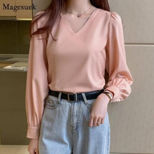 Autumn Long Sleeve Shirt Women 2021 Vintage Elegant Blouse V-neck Pullover Loose Top Office Women Shirts Blouses Blusas 11374