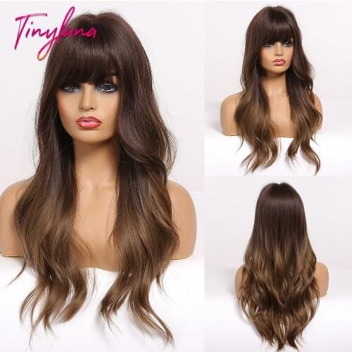 TINY LANA Ombre Black Brown Cosplay Synthetic Wigs with bangs Long Wavy Natural Hair Wig For Black Woman Afro Heat Resistant