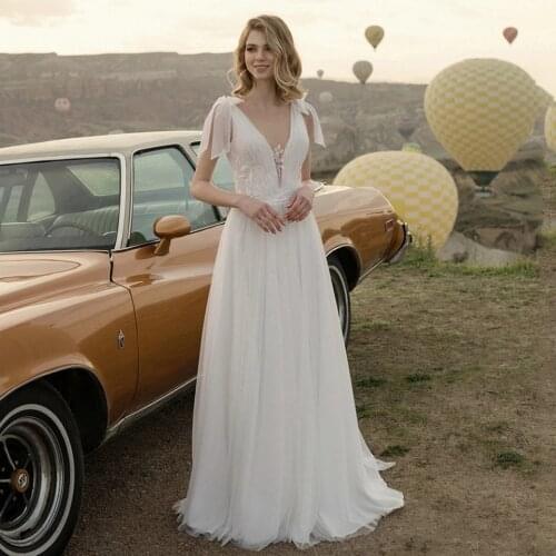 Beach Backless Wedding Dresses 2021 Boho Deep V Neck Applique Lace Tulle A Line Bohemian Bow White Bridal Gowns Vestido De Noiva