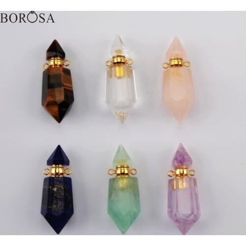 Natural Stones Quartz Crystal Pendant Gold Hexagon Column Perfume Bottle Pendant Essential Oil Diffuser for Women Necklace G1942