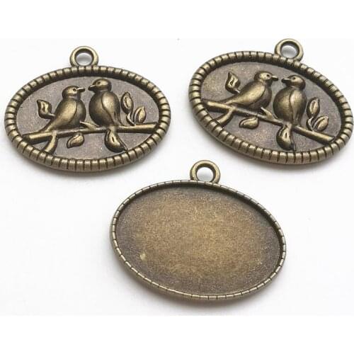 20 Pieces 26*32mm Inner Size:20x30mm Metal/Alloy Antique Bronze Lovers Bird Blank Tray Pendant Cameo Cabochon Setting Findings
