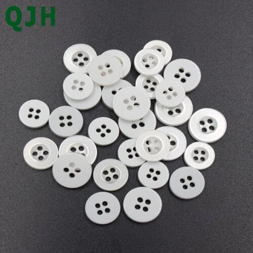 QJH 100pcs White Color 4holes Shirt Buttons 3Size Pearl Wide Side Round Resin Button For Apparel Supplies Sewing Accessories