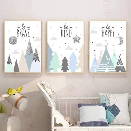 Cartoon Tent Tree Mountain Canvas Poster Nursery Art Prints Star Cloud Sun Moon Wall Art Painting Nordic Picture Kids Room Decor