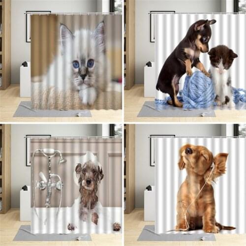 Animals Shower Curtain Creative Fun Cat Take a Bath Dog Pattern Bathroom Decor Polyester Cloth Curtains Sets With Hooks Washable