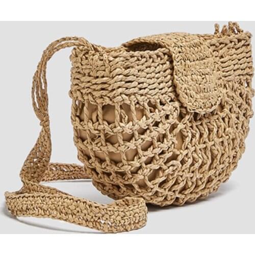 Womens Beige Clamshell Paper Mesh Cross Shoulder Bags Zipper and magnet clip-on cap. 16,5x23x6 cm
