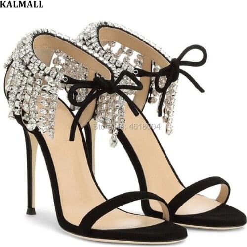 KALMALL Wedding Shoes Women Crystal Studs Fringed Sandals Gladiator Lace up High Heels Open Toe Rhinestone Sandles Mujer Summer