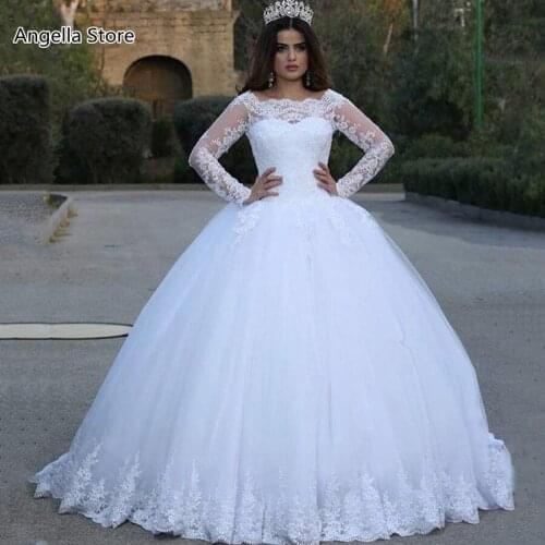 Arabic Dubai White Wedding Dress 2021 Floor Length Lace Long Sleeve Appliques Modest Muslim Bridal Ball Gowns