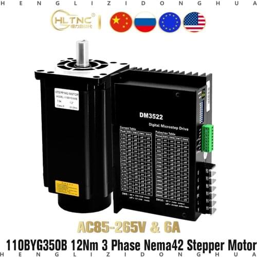 110BYG350B Nema42 12Nm 6A Three Phase Stepper Motor With 19mm Shaft Optional Brake + DM3522 AC110v 220V Input Driver Kit For CNC