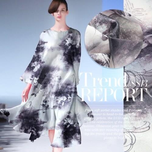 140cm wide 12mm ink floral print stiff silk organza fabric for dress shirt clothes pants D258