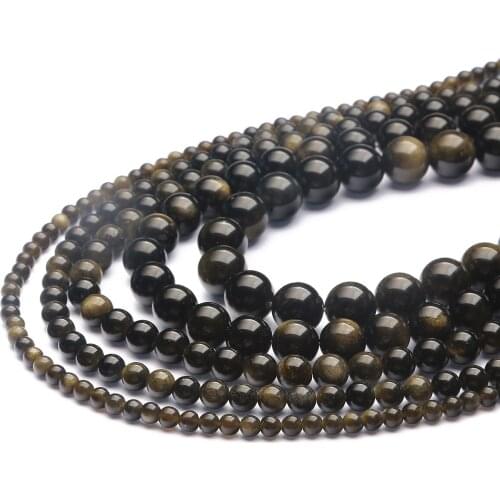 4/6/8/10/12MM Black Beads On The Neck Coil Natural Beads Spacer Beads Round Golden Obsidian For Jewelry Making Bulk DIY Bracelet