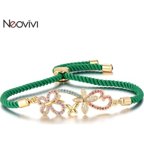 Neovivi Butterfly Flower Bracelets Cubic Zirconia Bead Hollow Charm Bracelet with Colorful Rope Chain Bangles Women Girl Jewelry