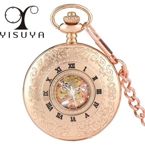 Rose Gold Roman Numerals Display Manual Mechanical Pocket Watch Vintage Accessory Pendant Clock Gifts Men Women