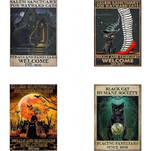 Black Cat Reading Print Art, Black Witch Cat Welcome Retro Poster, Funny Animal Red Moon Wall Sticker, Halloween Home Decoration