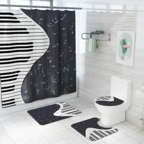 Black and White Home Decor Art Printed Bathroom Rug Set Bath Mat and Shower Curtain Set with Hooks Shower Entrance Door Mat