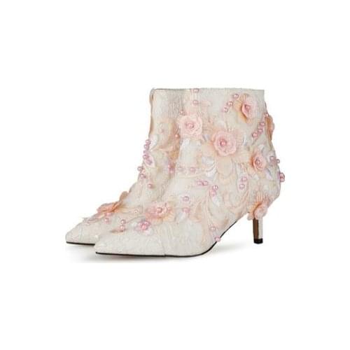 Spring Autumn Women Flower Embroidery Sexy Party Boots Thin High Heels Side Zipper Pointed Toe Female Short Boots Shoes
