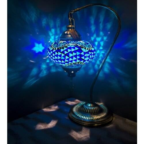 Handmade Turkish Moroccan Mosaic Authentic Vintage Art Deco Table Bedside Lamp, Blue Colors, 6 Patterns