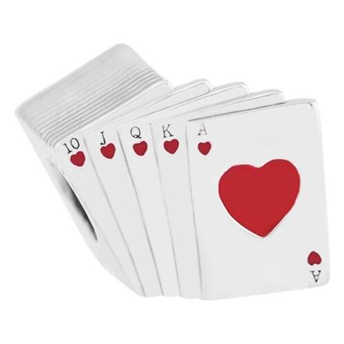 Playing Cards Vintage Beads for Charms Bracelets Women Sterling Silver 925 Jewelry DIY Red Enamel Heart Beads for Jewelry Making