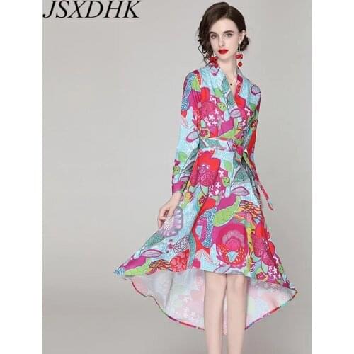 JSXDHK 2021 New Autumn V Neck Shirt Floral Dress Fashion Women Digital Printing Long Sleeve Lace Up Irregular Midi Dress Vestido