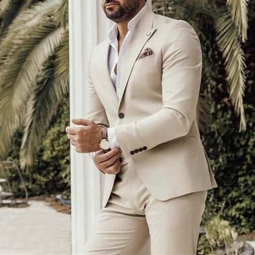 Costume Homme Beige Wedding Tuxedos Groom Wear Blazer Business Men Suits Latest Design Blazer Masculino 2 Pieces Jacket Pants