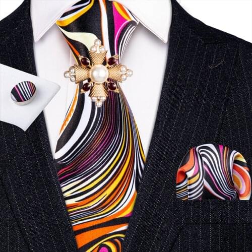 Fashion Brooches Orange Men Tie Novelty Print Silk Tie Hanky Set Barry.Wang 8.5cm Fashion Designer NeckTies For Men Gift Party