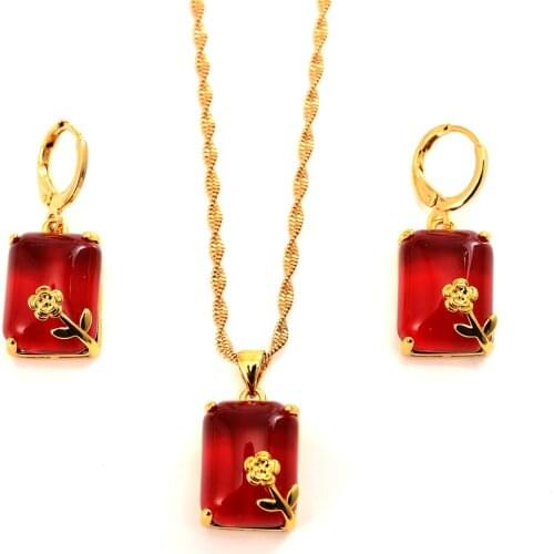 Fashion geometric red cz crystal diamond Earrings pendant necklace wedding bridal Jewelry Sets party gifts for Women