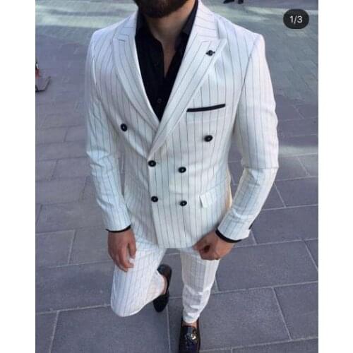 White Stripe Men Suits Slim Fit Wedding Groom Tuxedos Suit Costume Homme Prom Mariage 2 Pcs Terno Masculino (Jacket+Pants)