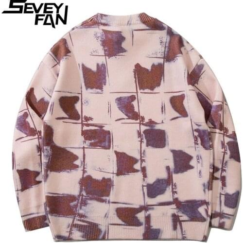 SEVEYFAN Mens Full Seal Plaid Sweater Harajuku Fashion Loose O Neck Knitwear Autumn Pullover Sweaters for Couples