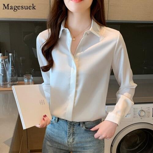 2021 Spring New Long Sleeve Silk Office Shirt Women Turn Down Collar White Blouse Women Fashion Casual Ladies Tops Blusas 10618