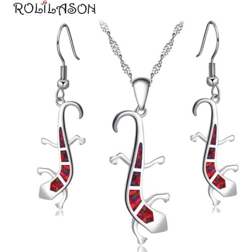 ROLILASON Large earrings pendant necklace Silver stamped 925 Orange Gecko fire opal set for women dinner OS037
