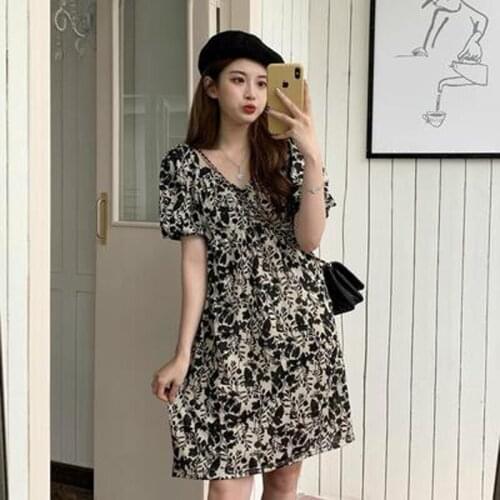 Zoki Black Women Dress Print Floral Puff Sleeve Square Collar Elegant Casual Slim Lady Clothes Summer Street Wear Fashion New