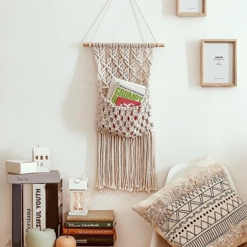 Boho Macrame Woven Cotton Rope Storage Pocket Tassels Wall Hanging Tapestry Magazine Organizer Mail Holder Home Decor