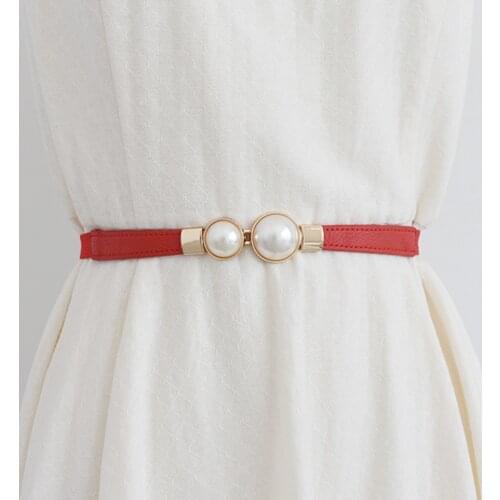 Women Double Pearl Belt Female Black Red White PU Leather Dress Skirt Waist Elastic Thin Belts Ladies Designer Waistband