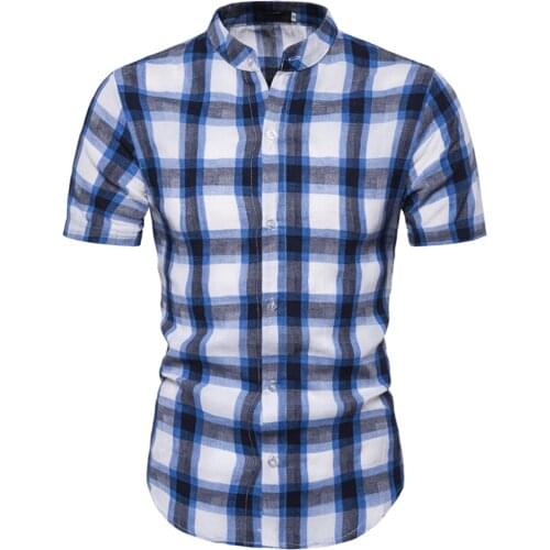 Mens Shirts Fashion 2019 Summer Short Sleeve Slim Cotton Linen Shirts Male Plaid Blue Color Casual Shirts Plus Size Tops