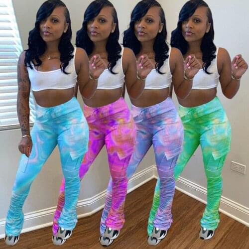 Stacked Pants Women Tie Dye High Waist Drawstring Bell Bottom Flare Pleated Cargo Pants Joggers y2k Leggings Thick Sweatpants