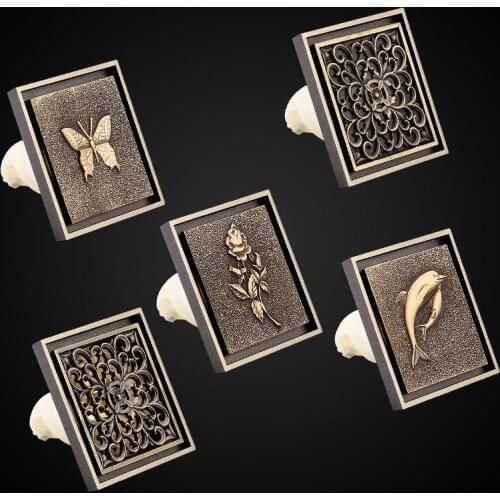 10x10cm Shower Drain Pipe Antique Solid Brass Floor Drain Pipe Filter Bathroom Bathtub Accessories Art Carved Square Drain Pipe