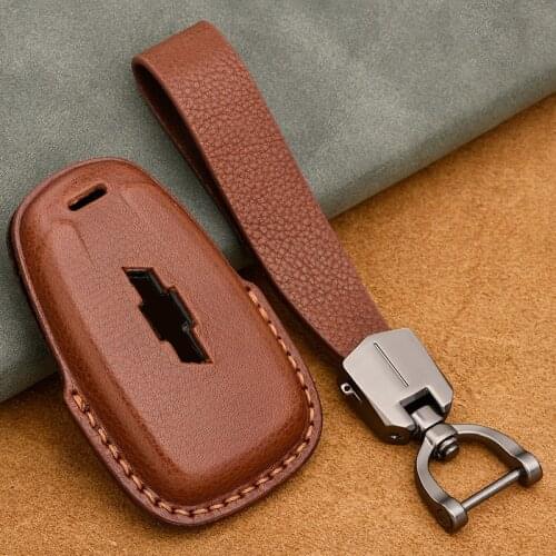 Genuine Leather Smart Key Fob Case Cover for Chevrolet Holden Malibu Cruze Trax Camaro Volt Bolt EV Equinox Traverse Chain Ring