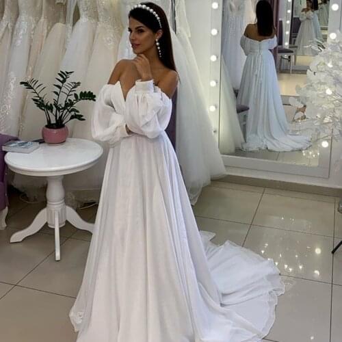 Wedding Dress 2021 Boat Neak Long Sleeve Simple A-Line Chiffon Floor Length Bridal Gown Sweep Train Elegant Cheap Brilliant