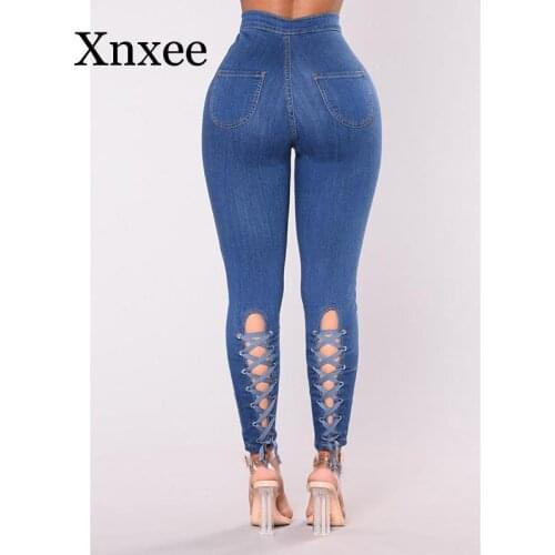 Light blue sexy High Street Women Jeans Back Tie Design Skinny Cut Woman Long Denim Trousers Hot Selling Famale Denim Pants long