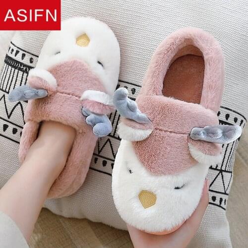 ASIFN Winter Cotton Womens Slippers Cute Cartoon Antlers Home Couple Indoor Warm Plush Cotton Women Men Shoes Fuzzy Slippers