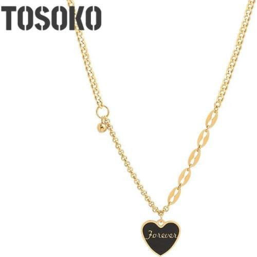TOSOKO Stainless Steel Jewelry Sweater Link Chain Peach Heart Black Oil Dripping Necklace Womens Fashion Folding Necklace P849