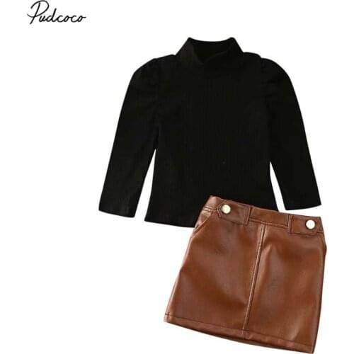 2020 Spring New Toddler Girls Long Sleevet Knitted Turtleneck Sweater Tops+Leather Skirt Clothes Dress Solid New Fashion 2Pcs