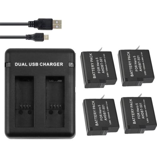 Dual Port Battery Charger With 2Pcs 4pcs 1250mAh Battery for GoPro Hero 5 6 7 Black Cam For Go Pro Hero 7 5 Changing Accessory